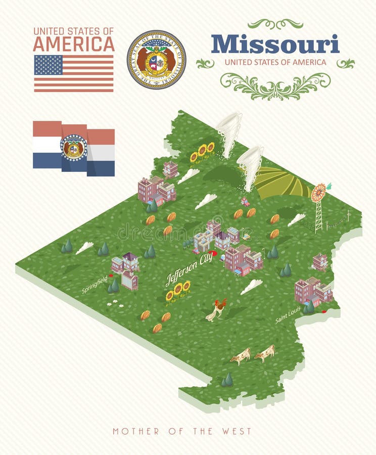Missouri är en USA-stat isometriskt Turist- vykort och souvenir Härliga ställen av Amerikas förenta stater på stolpen royaltyfri illustrationer Missouri är en USA-stat isometriskt Turist- vykort och souvenir Härliga ställen av Amerikas förenta stater på stolpen royaltyfri illustrationer
