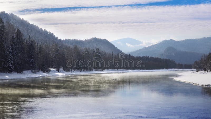 Mist above the snowy mountain river in winter morning stock video footage