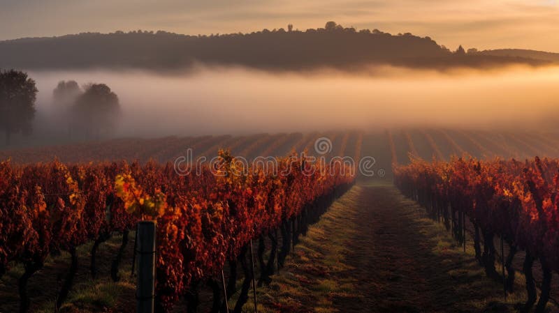 A mist-covered vineyard, grapevines tinged with red and gold ready for the season's harvest. A mist-covered vineyard, grapevines tinged with red and gold ready for the season's harvest.