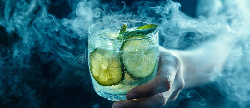 In a misted glass on a weathered background, gin and tonic come garnished with lime cucumber and juniper in copy space royalty free stock photography