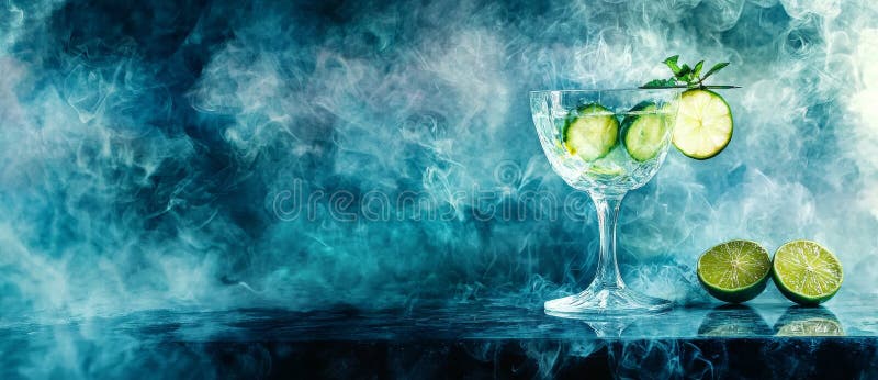 In a misted glass with a weathered background, a gin and tonic is served garnished with lime, cucumber, and juniper. stock images