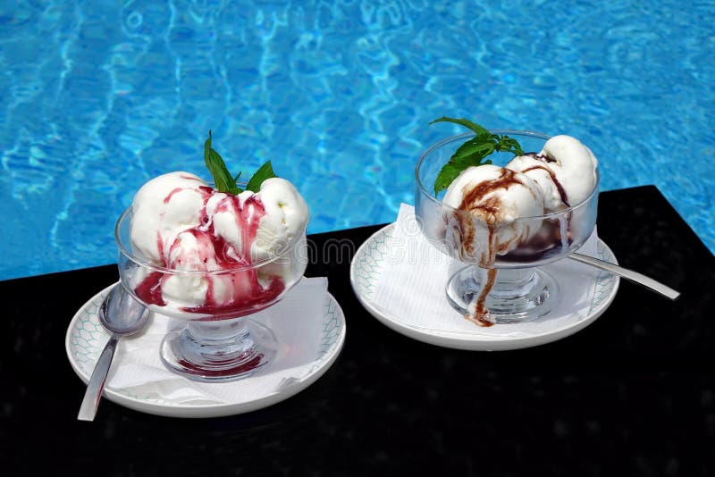 Misted Two Glass Bowl With Ice Cream Sundae Balls, Fruit And Chocolate Syrup