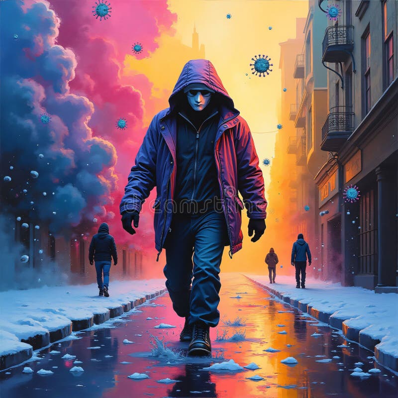 Misteriosa calle urbana con coloridos íconos de humo y virus. libre illustration