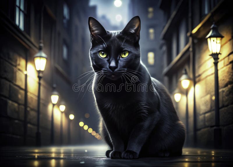 Misteriosa ciudad atrae a un gato negro en las calles oscuras capturado en asombrosa fotografía de baja luz ilustración del vector