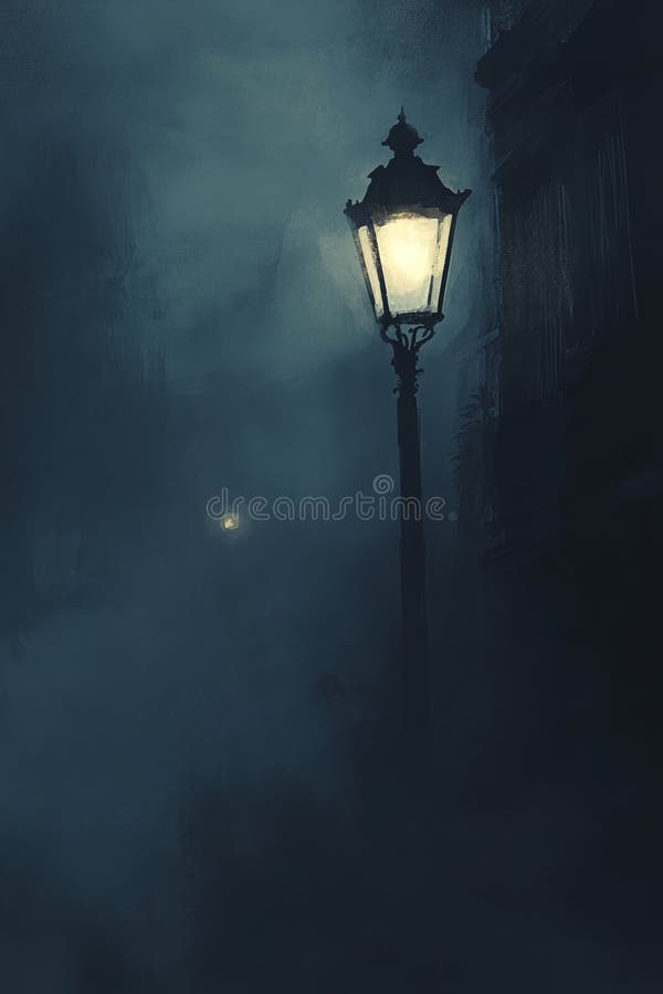 Misteriosa escena nocturna nublada con lámpara de calle vintage que arroja espeluznante resplandor en callejón oscuro urbano stock de ilustración