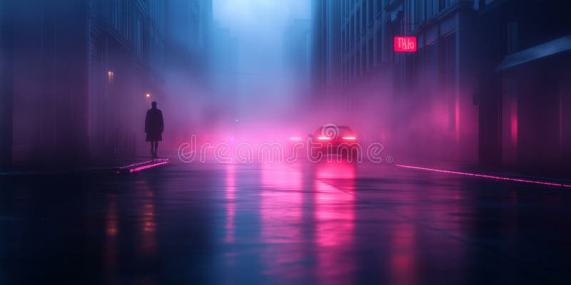 Misteriosa escena urbana con luces de neón niebla y silueta ilustración del vector