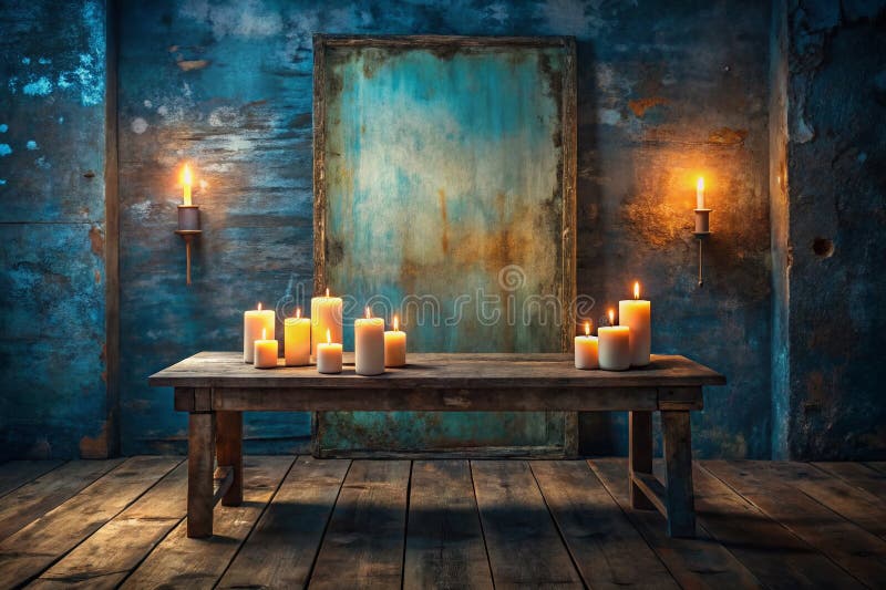 Exploración Urbana Misteriosa Velas parpadeantes en espacios abandonados que evocan intriga y asombro en un azul profundo. Adéntrate en el enigmático mundo de la exploración urbana con esta cautivadora imagen. Una colección de velas suavemente brillantes ilumina un espacio oculto, posiblemente abandonado, proyectando un brillo cálido y acogedor sobre un fondo de un azul intenso y profundo. Los tonos apagados y la luz difusa crean una atmósfera de misterio e intriga, perfecta para evocar una sensación de asombro y descubrimiento. La quietud de la escena y