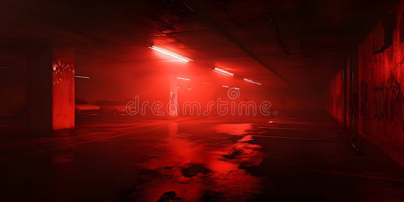 Misterioso ambiente urbano con iluminación roja y reflexiones en el suelo húmedo stock de ilustración