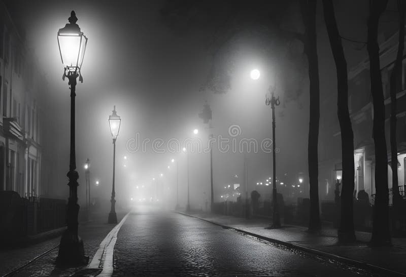 Misterioso camino urbano cubierto de niebla por la noche avivado. libre illustration