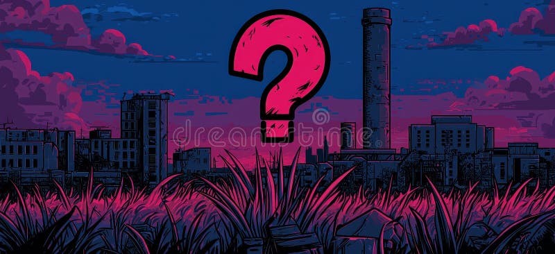 Misterioso horizonte urbano en el atardecer con interrogatorio en forma de ciberpunk stock de ilustración