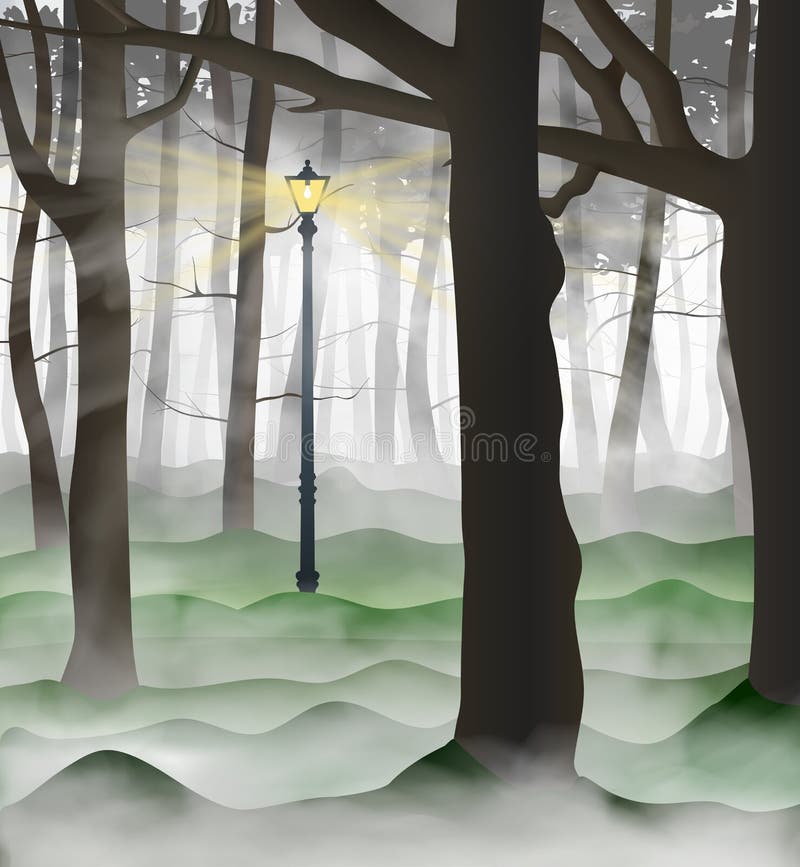 Misterioso parque urbano con muchos troncos de árboles dentro de las nubes de niebla gris y blanca. carretera de alumbrado stock de ilustración