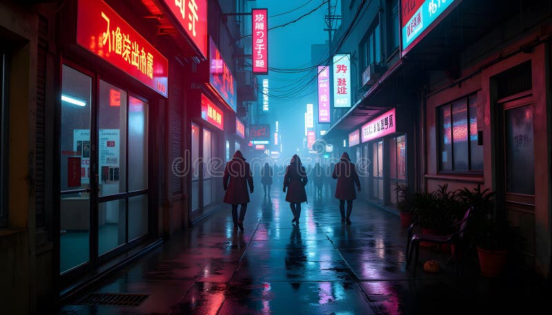 Misterioso paseo nocturno por las calles NeonLit en un entorno urbano ilustración del vector