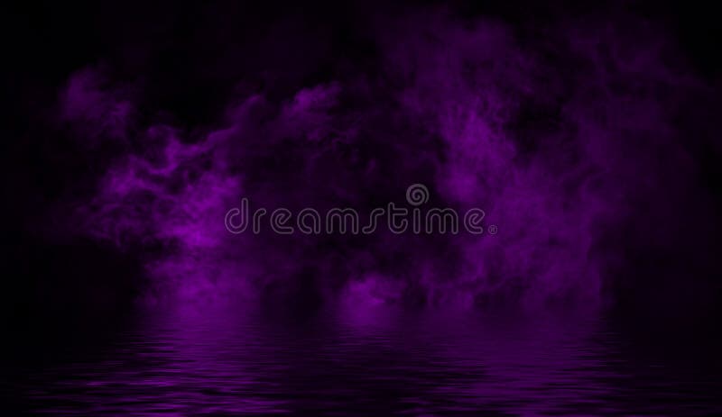 Mistery coastal fog . Purple smoke on the shore . Water reflection texture
