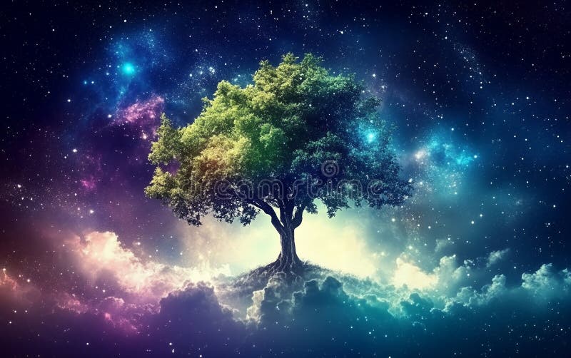 Misticul Copac al Vieții Cosmic Night Sky Fantasy Art Blue Hope Starurile Green Image vector illustration