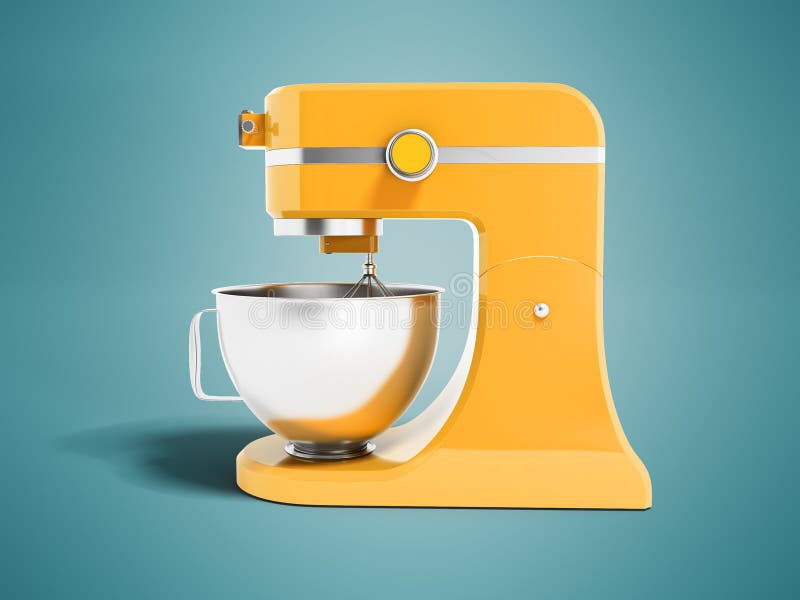 Misturador multifuncional moderno para o amarelo da cozinha com rendição da bacia 3d do metal no fundo azul com sombra ilustração royalty free Misturador multifuncional moderno para o amarelo da cozinha com rendição da bacia 3d do metal no fundo azul com sombra ilustração royalty free