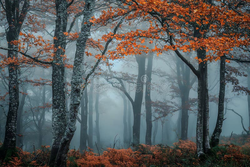 Misty Autumn Forest Serenity ai generiert stock abbildung