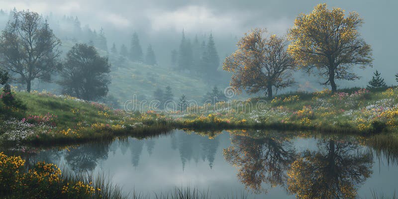 Misty Autumn Lake Scene Nature Reflection stock illustratie