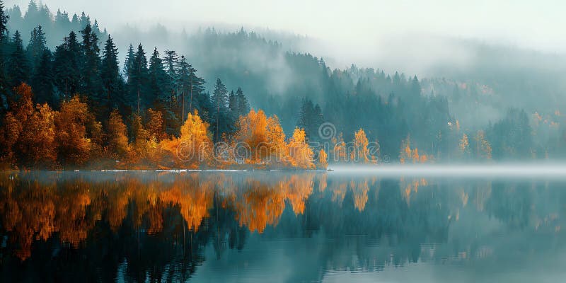 Misty Autumn Lake Serene Fall Scenery Nature stock illustratie