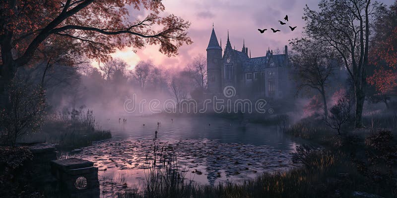 Misty Autumn Sunset : Eerie Castel Locarno stock abbildung