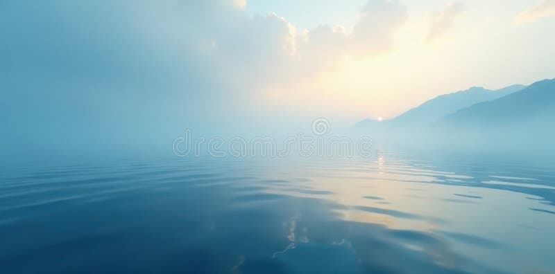Misty blue ocean, still water, soft light on horizon, background, calm vector illustration