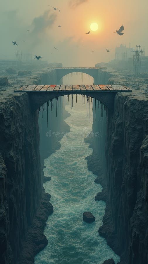 Misty chasm with wooden bridges and flying birds at sunrise royalty free stock images