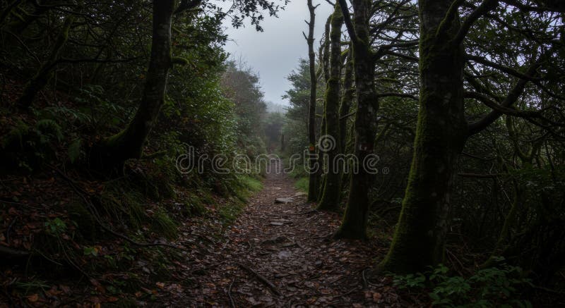 Misty Forest Path: Dark Green Canopy and Mossy Trees vector illustration