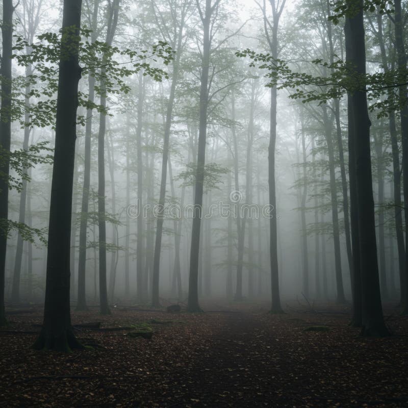 Misty Forest Path: Dark Green Trees and Brown Leaves royalty free illustration