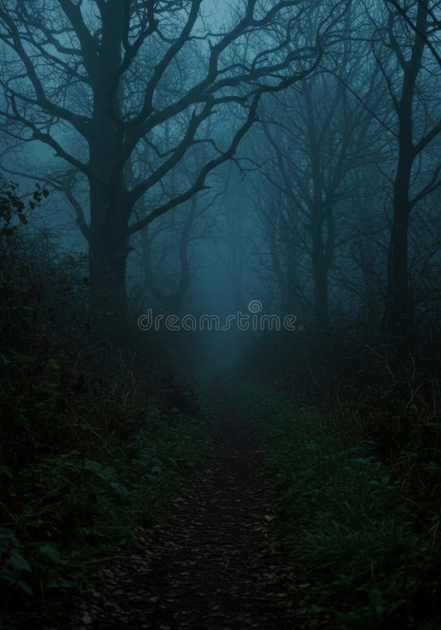 Misty Forest Path: Dark Teal Trees and Fog stock illustration