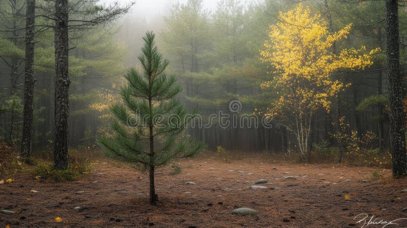 Misty Herbstwald mit Junger Kiefer und goldener Laubbaum vektor abbildung
