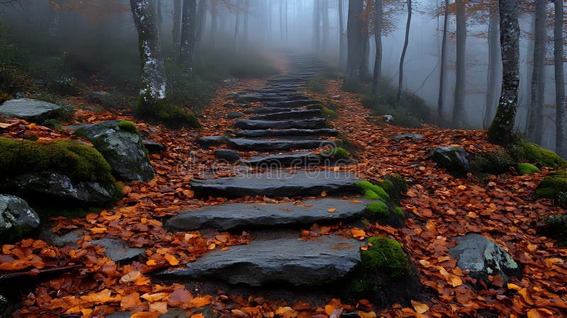 Misty Herbstwald Steintreppe Wanderweg vektor abbildung