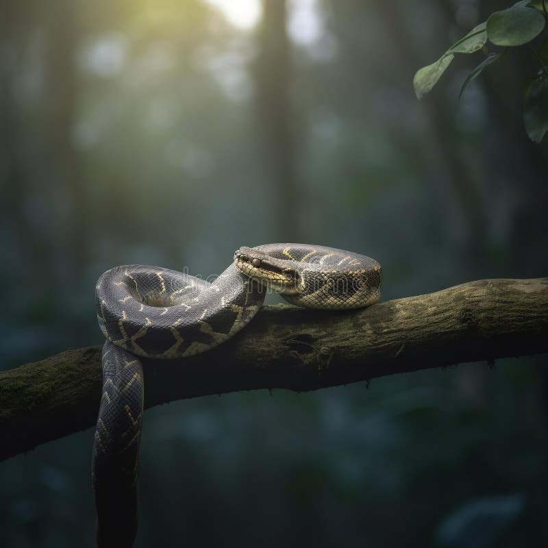 Misty Morning Encounter: a Coiled Python on a Jungle Tree Branch Stock ...