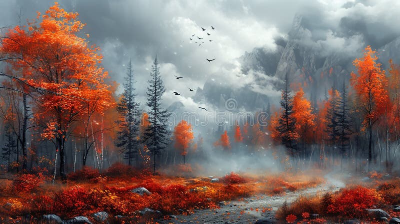 Describe a misty morning landscape, where a footpath disappears into the fog, winding its way through a forest alive with the fiery brilliance of fall, the air tinged with the scent of damp earth and fallen leaves.