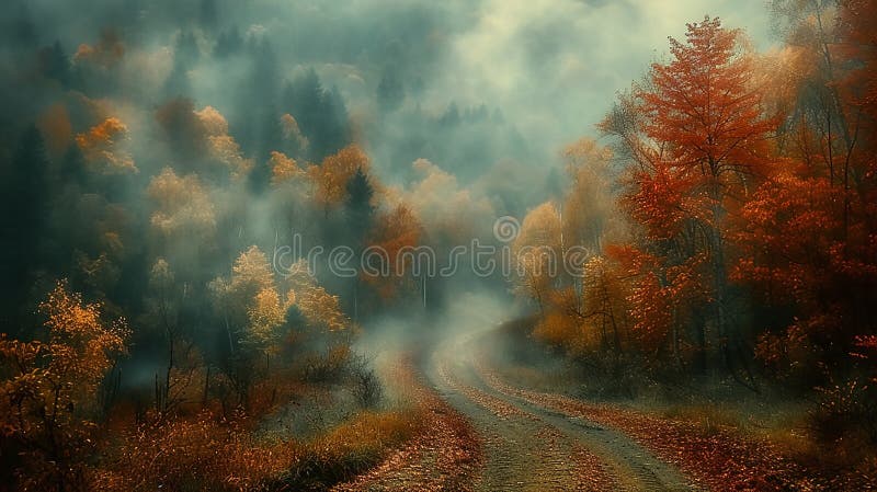 Describe a misty morning landscape, where a footpath disappears into the fog, winding its way through a forest alive with the fiery brilliance of fall, the air tinged with the scent of damp earth and fallen leaves.