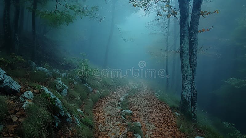 Describe a misty morning landscape, where a footpath disappears into the fog, winding its way through a forest alive with the fiery brilliance of fall, the air tinged with the scent of damp earth and fallen leaves.