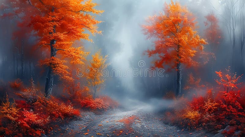 Describe a misty morning landscape, where a footpath disappears into the fog, winding its way through a forest alive with the fiery brilliance of fall, the air tinged with the scent of damp earth and fallen leaves.