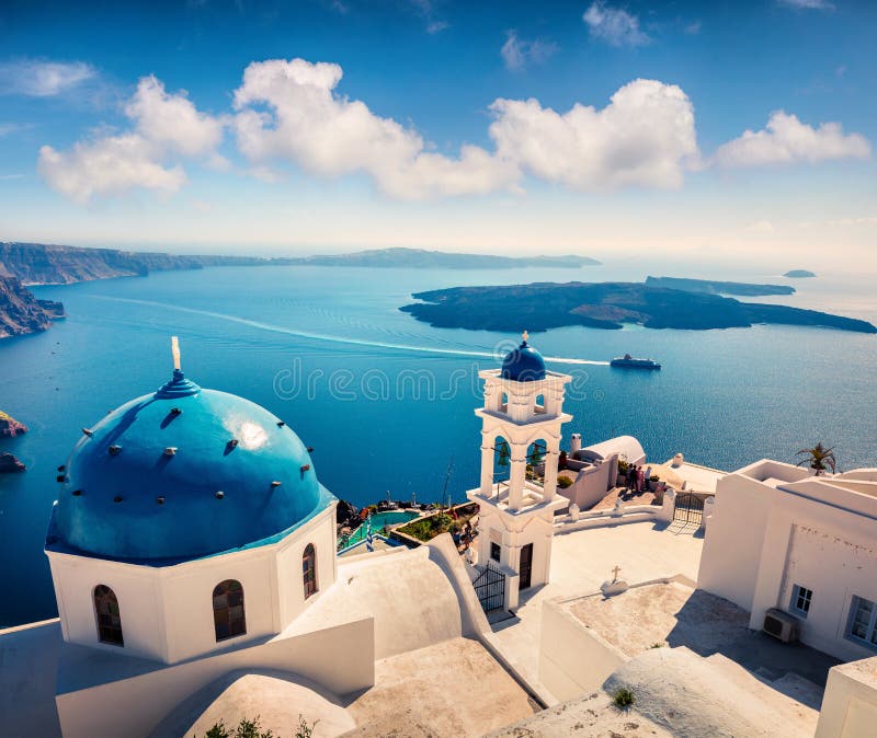 Misty morning view of Santorini island. Picturesque spring scene of the famous Greek resort Fira, Greece, Europe