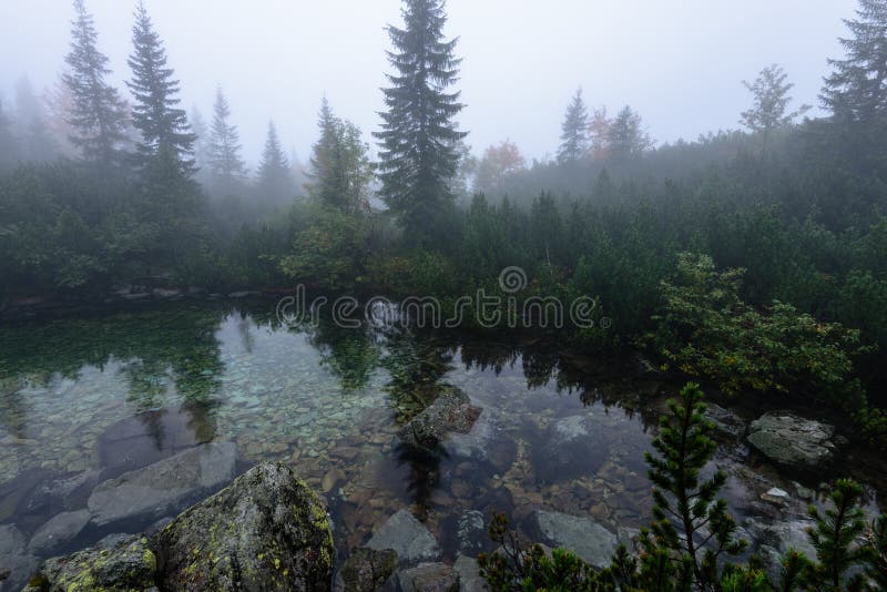 Hmlisté ranné zobrazenie v mokrej horskej oblasti v slovenských Tatrách. panoráma horského jazera