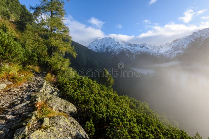 Misty morning view in wet mountain area in slovakian tatra. tour