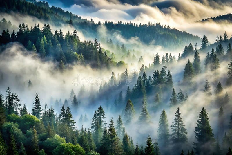 Misty mountain range, sunlit pine forest, tranquil scenery stock illustration