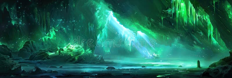 Mistyczna jaskinia lodowa z eterycznym zielonym i niebieskim światłem tworząca czarującą i magiczną atmosferę wypełnioną royalty ilustracja
