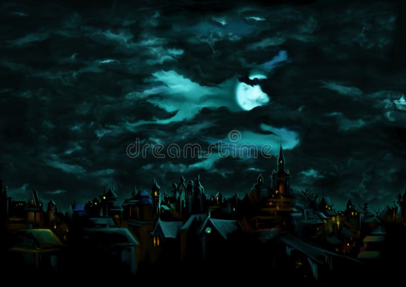 Mistyczna noc nad średniowiecznym gothic miasteczkiem ilustracja wektor Mistyczna noc nad średniowiecznym gothic miasteczkiem ilustracja wektor