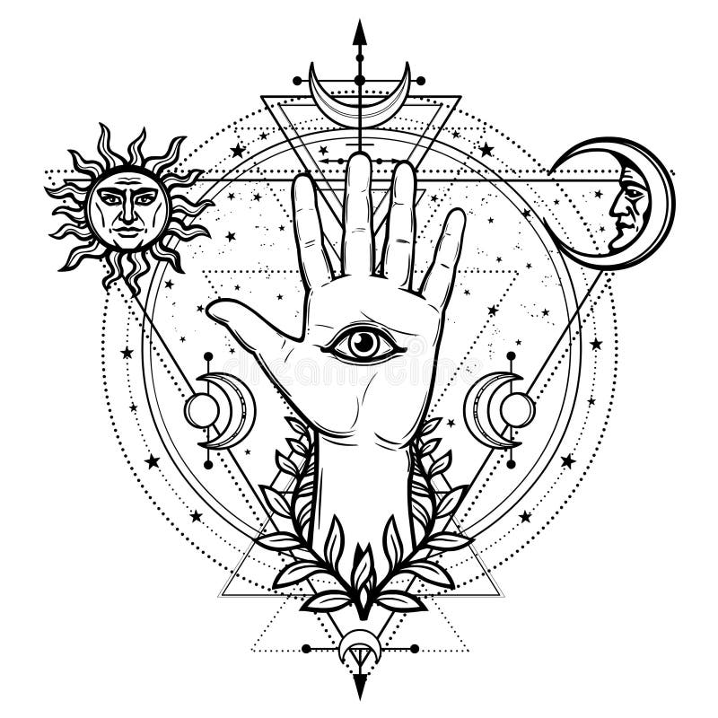 Mistyczny rysunek: boska ręka, wszystkowidzący oko, okrąg faza księżyc
