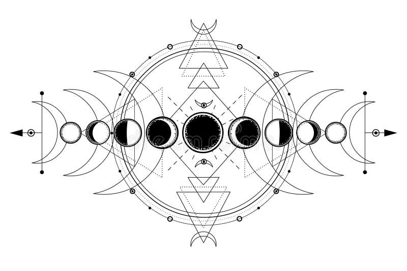 Mistyczny rysunek: fazy księżyc, energia okręgi geometria święta
