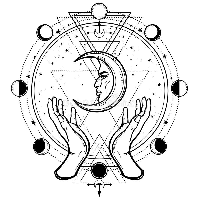 Mistyczny rysunek: ludzkie ręki trzymają księżyc geometria święta