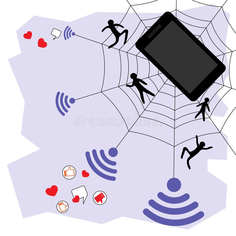 Mit einem Spinnennetz spidersmart Telefonmobile und von Menschen gefangen. Symbol der gefährlichen Abhängigkeit zu den Geräten. vektor abbildung