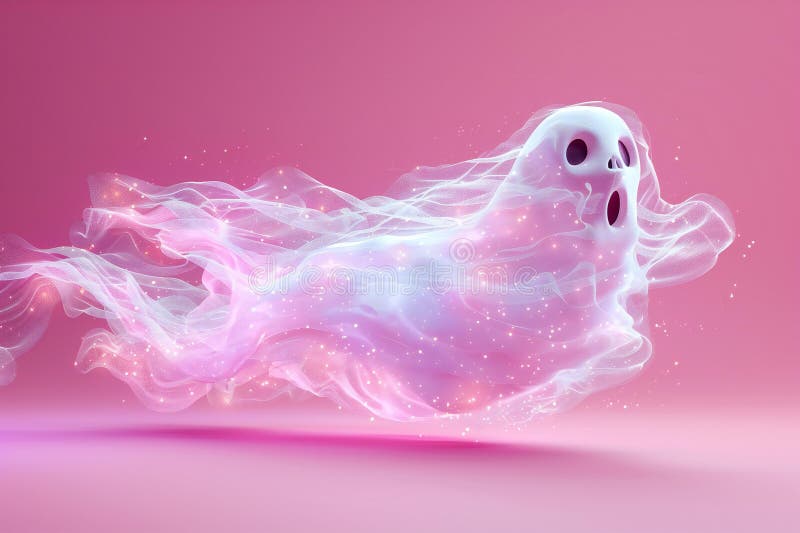 Mit einem weißen Geist, der auf rosa Untergrund schwebt. halween minimale Konzept einfache Design-Banner mit Kopierraum w. Illustration des Auftretens eines weißen Geistes, der auf rosa Hintergrund schwebt. halween minimale Konzept einfache Design Banner mit Copy Space Weitwinkel Ansicht. Diese Abbildung wird mithilfe einer KI generiert.