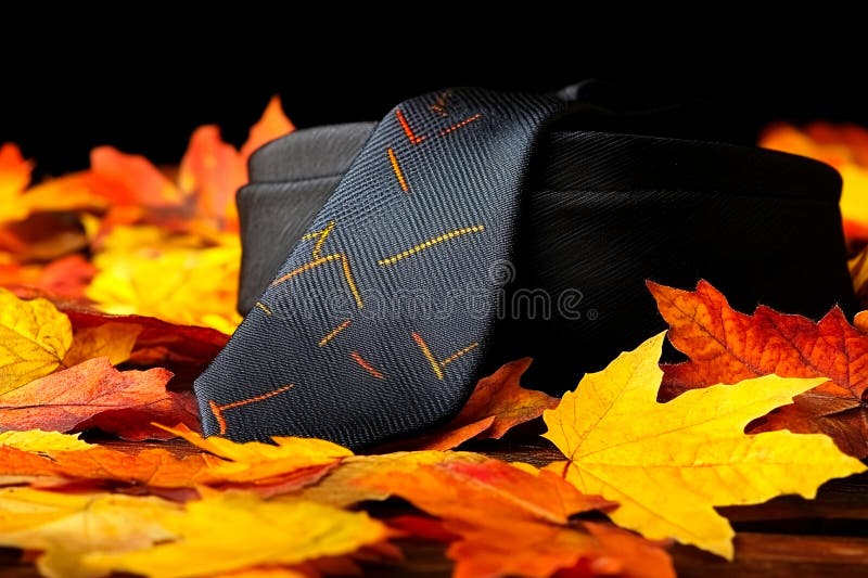 Mit einem zarten Herbstblattmuster in warmen Farbtönen setzt sich diese elegante Krawatte vor einer Holzkugel, die durch die Luft stock abbildung