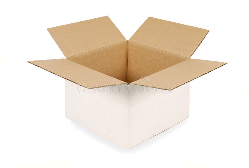 Open plain white cardboard box with brown inside isolated on a white background. Space for copy. Open plain white cardboard box with brown inside isolated on a white background. Space for copy.