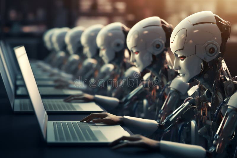 Mitarbeiter menschlicher Roboter, die in einem Callcenter auf einem Laptop arbeiten stockfotos