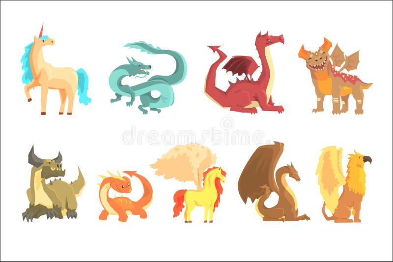 Mitologiczni zwierz? ta, set dla etykietka projekta Smok, jednoro? ec, Pegasus, gryf, kresk? wka wyszczeg? lnia? ilustracje royalty ilustracja